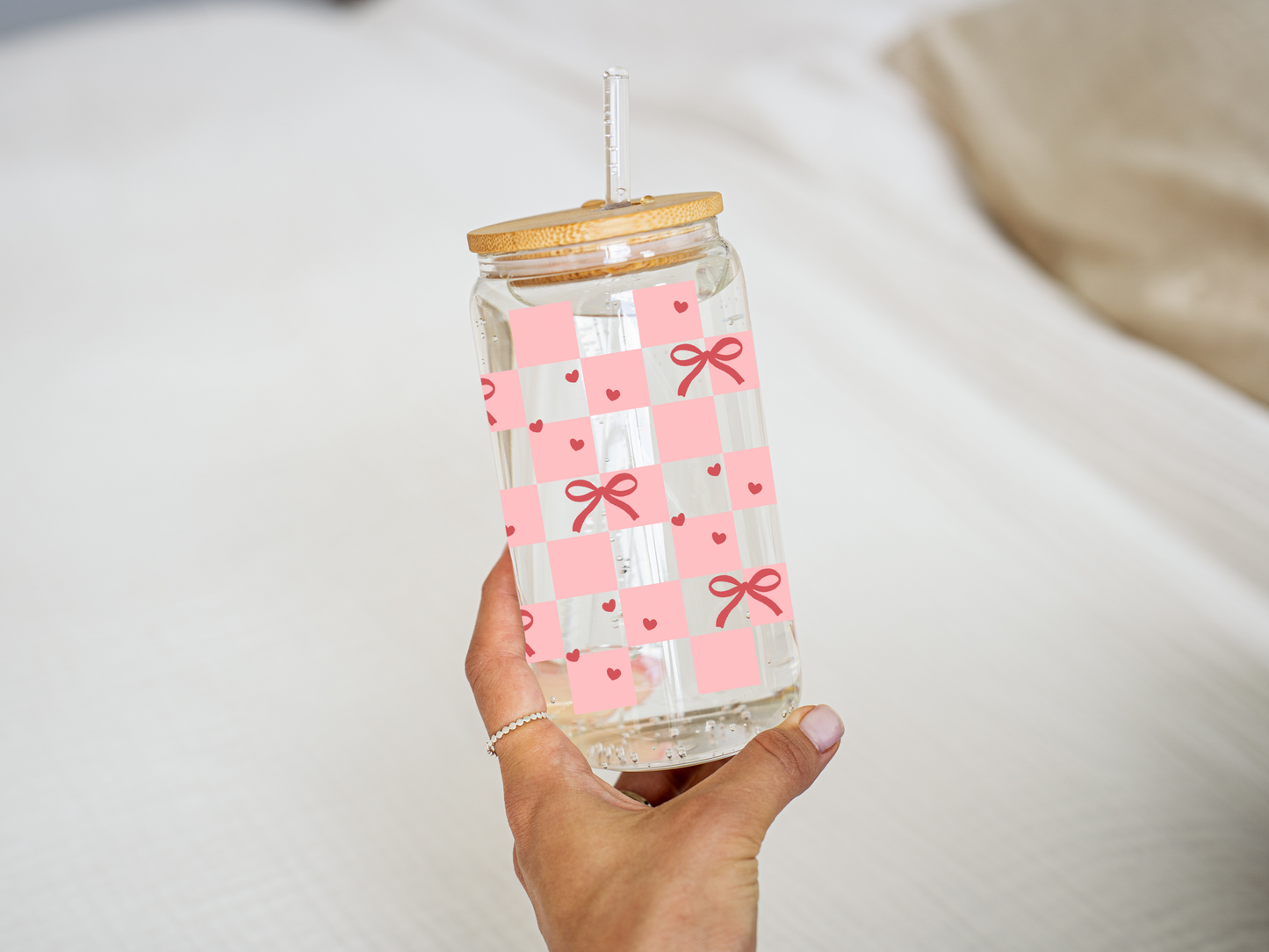 Checkered Bows Glass Cup w/ Lid and Straw