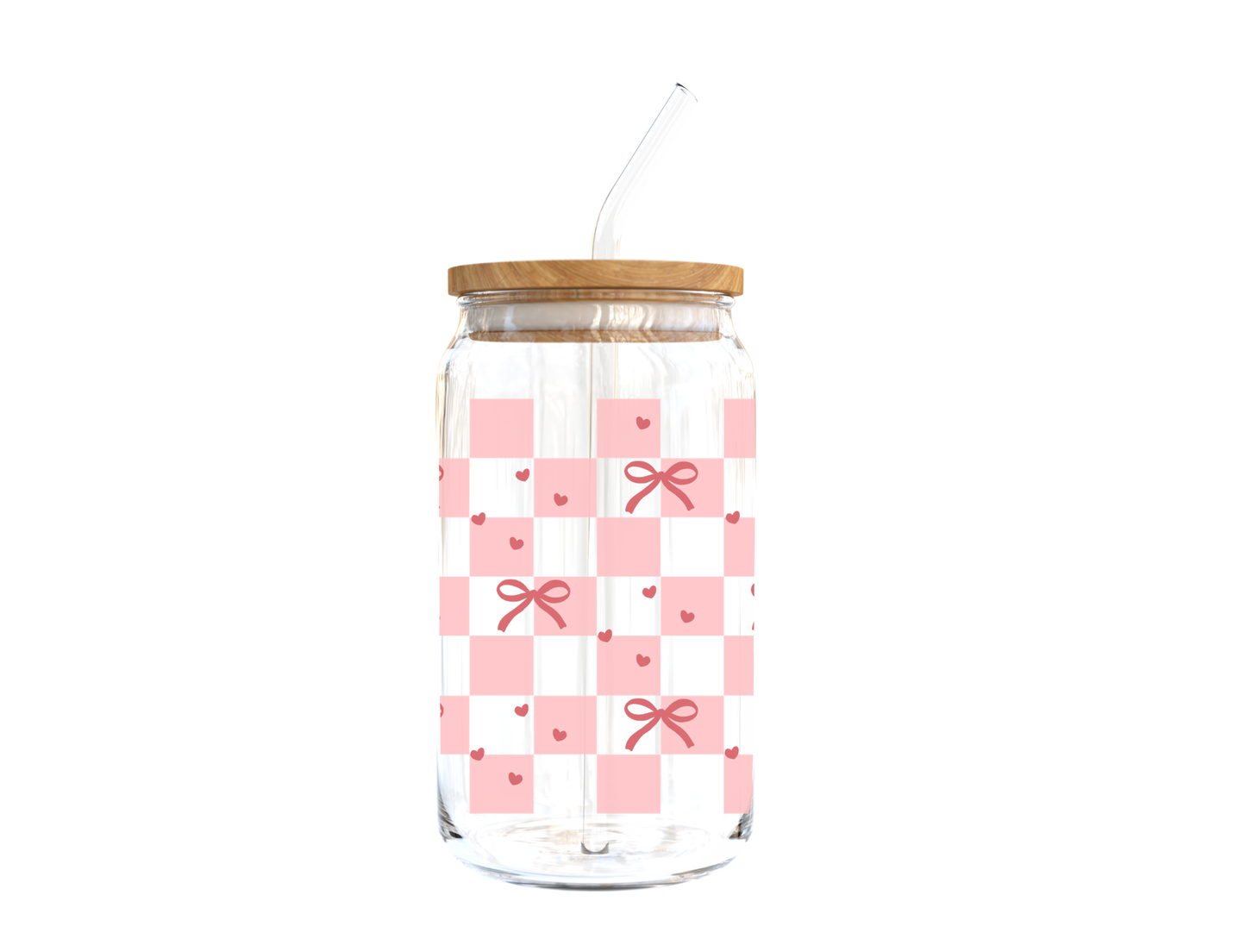 Checkered Bows Glass Cup w/ Lid and Straw