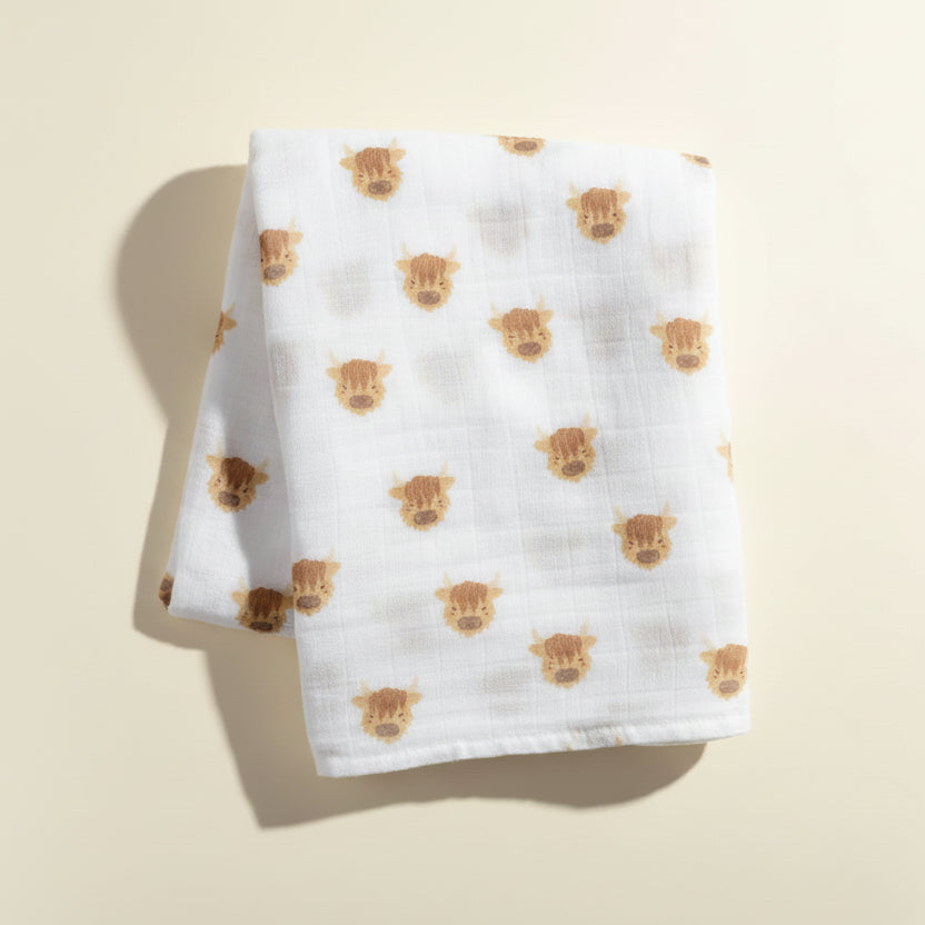 Muslin Cotton Swaddle Blanket  - Highland Cow
